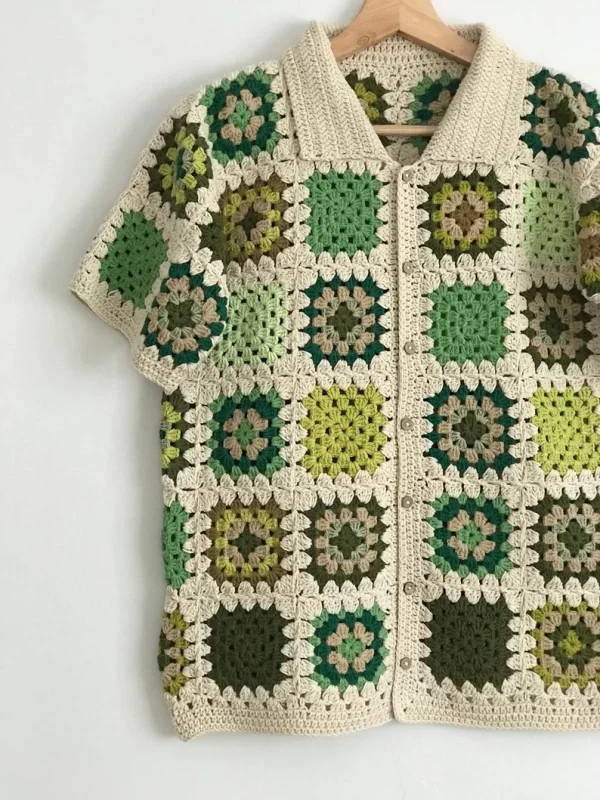 Camisa Crochê Verde Bege com Flor verde Feita a Mão - Image 3